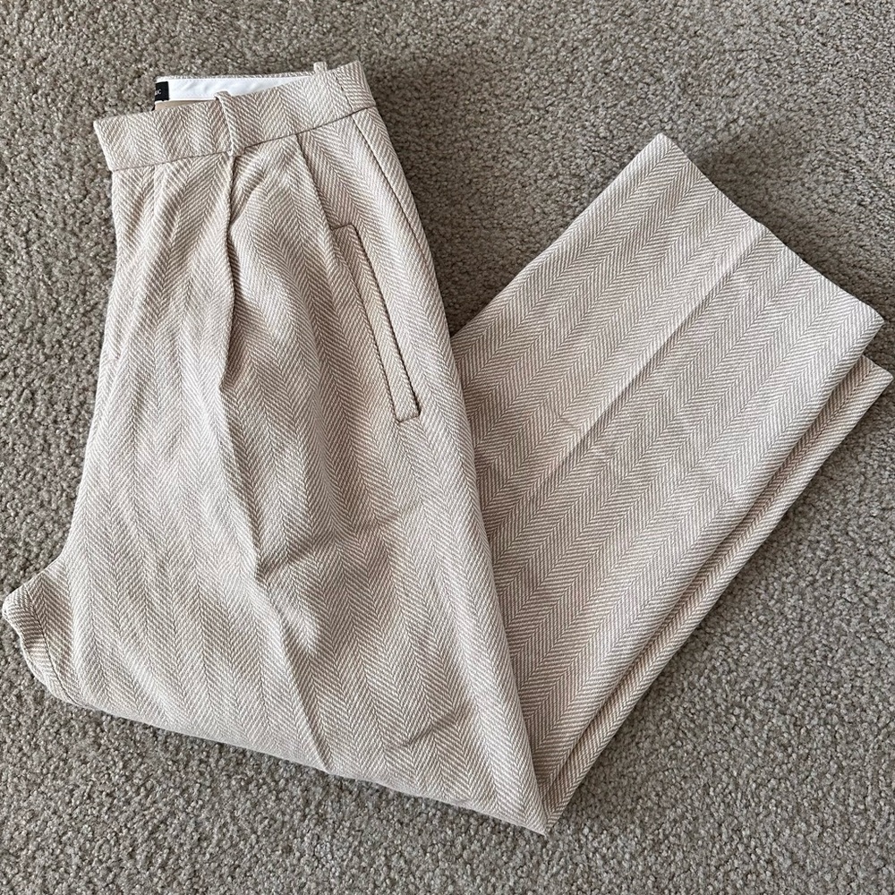 BR High-Rise Wide-Leg Tan Herringbone Pants linen cotton Size 8 heavy warm